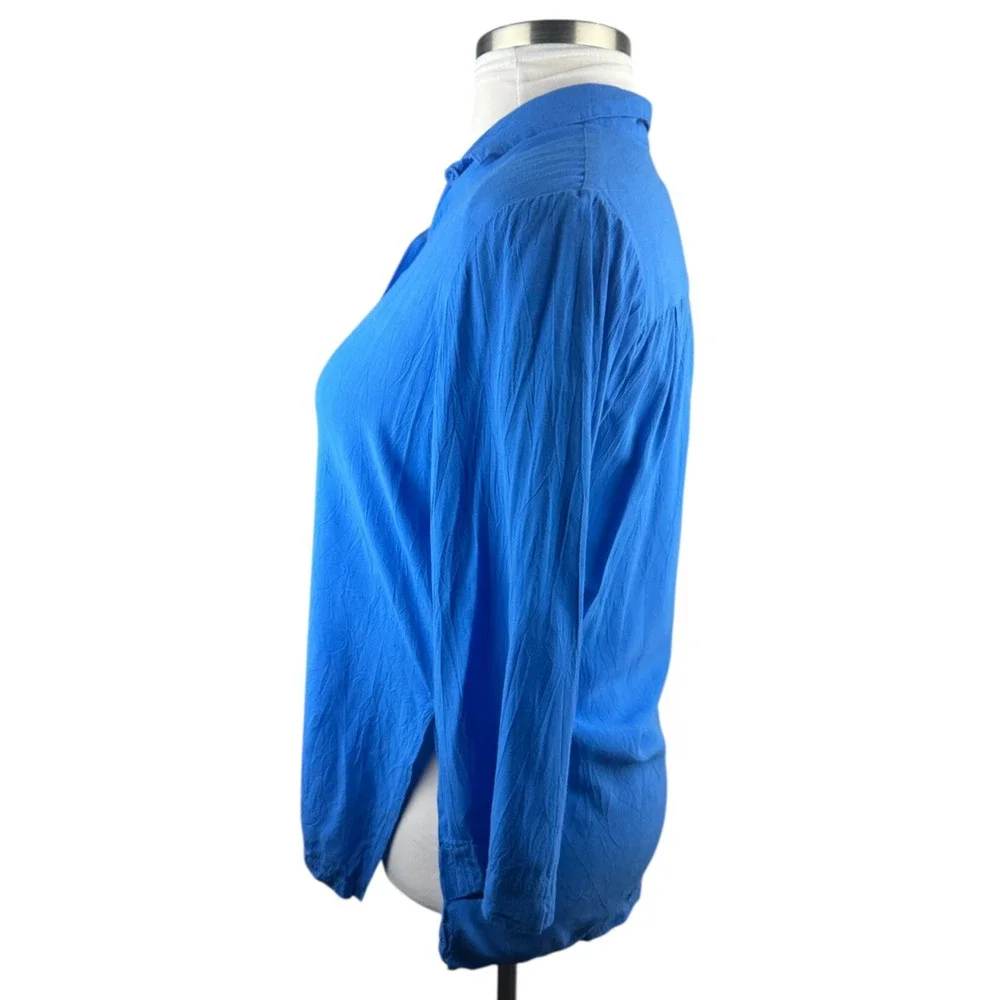 Jams World Solid Dutch Blue Button Blouse Crinkle Shirt Sz Small 3/4 Sleeve Top - Picture 8 of 16